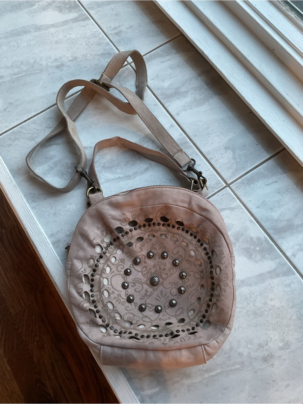 Sundance Blush Pink Circle Crossbody with Stud & Cutout Detail
